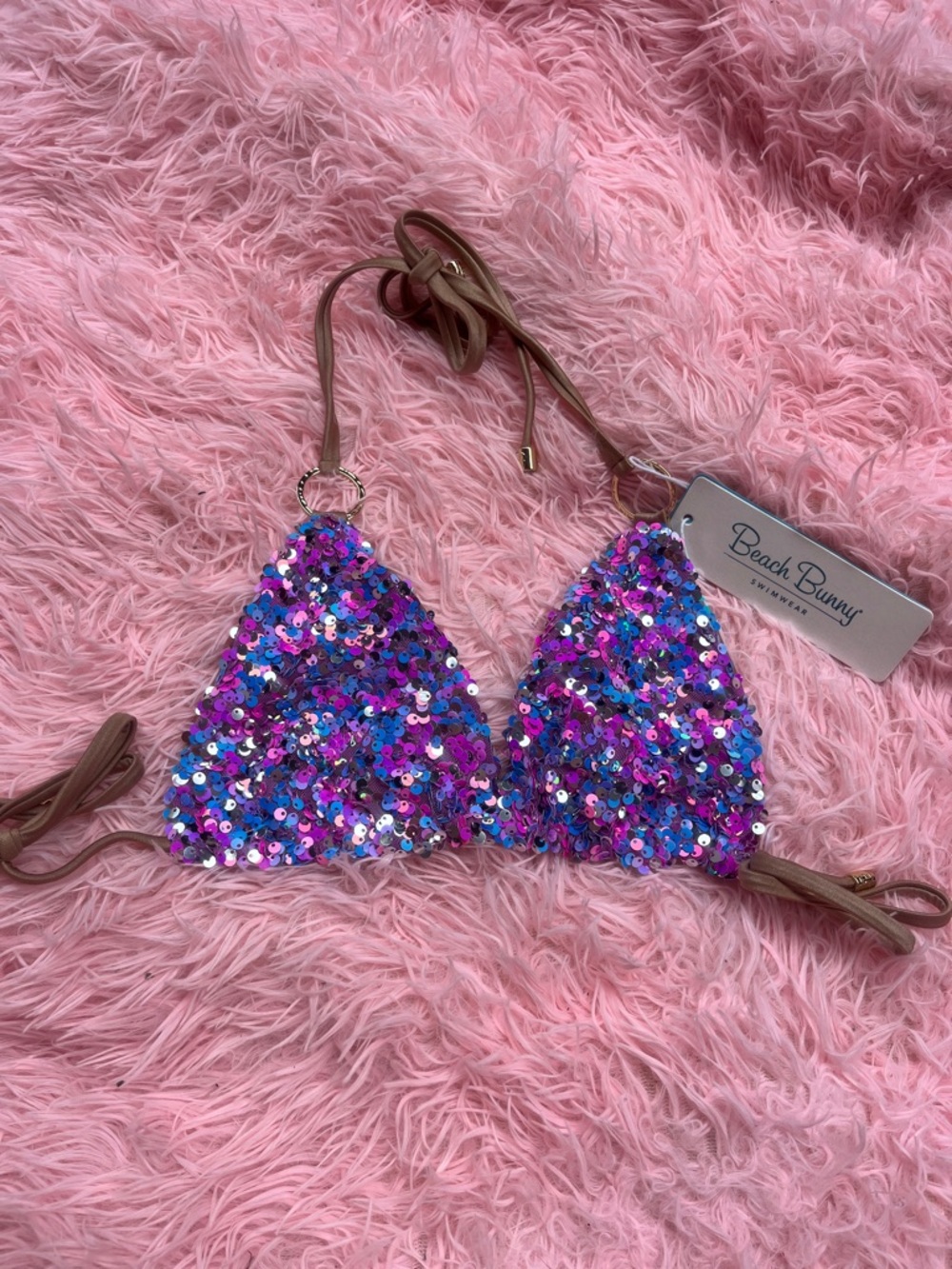 Beach Bunny Iridescent Pink & Purple Sequin Triangle Bikini Top